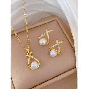 Stainless Steel Necklace Chain With White Pearl Necklace Earring, Mic Y2K Gift